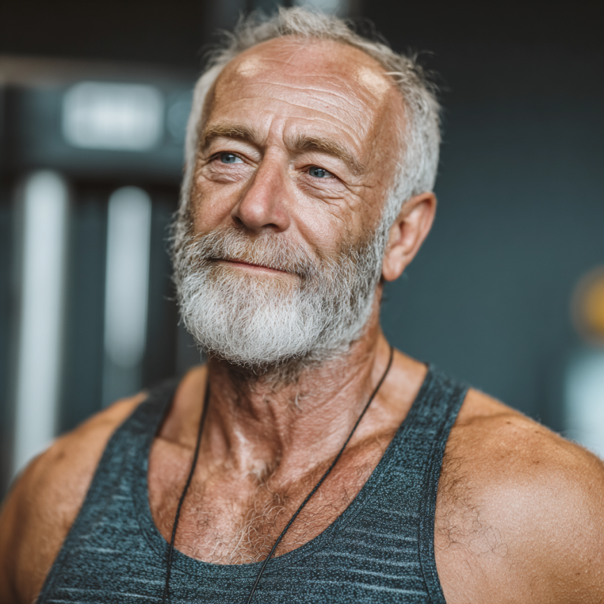 Літній чоловік займається фітнесом